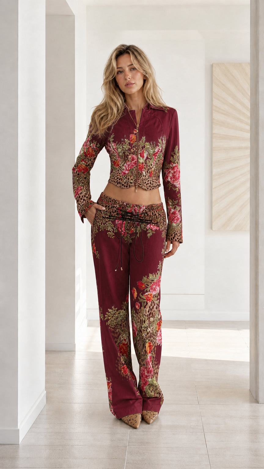 Woman wearing Burgundy floral leopard print cropped jacket and wide leg pants set