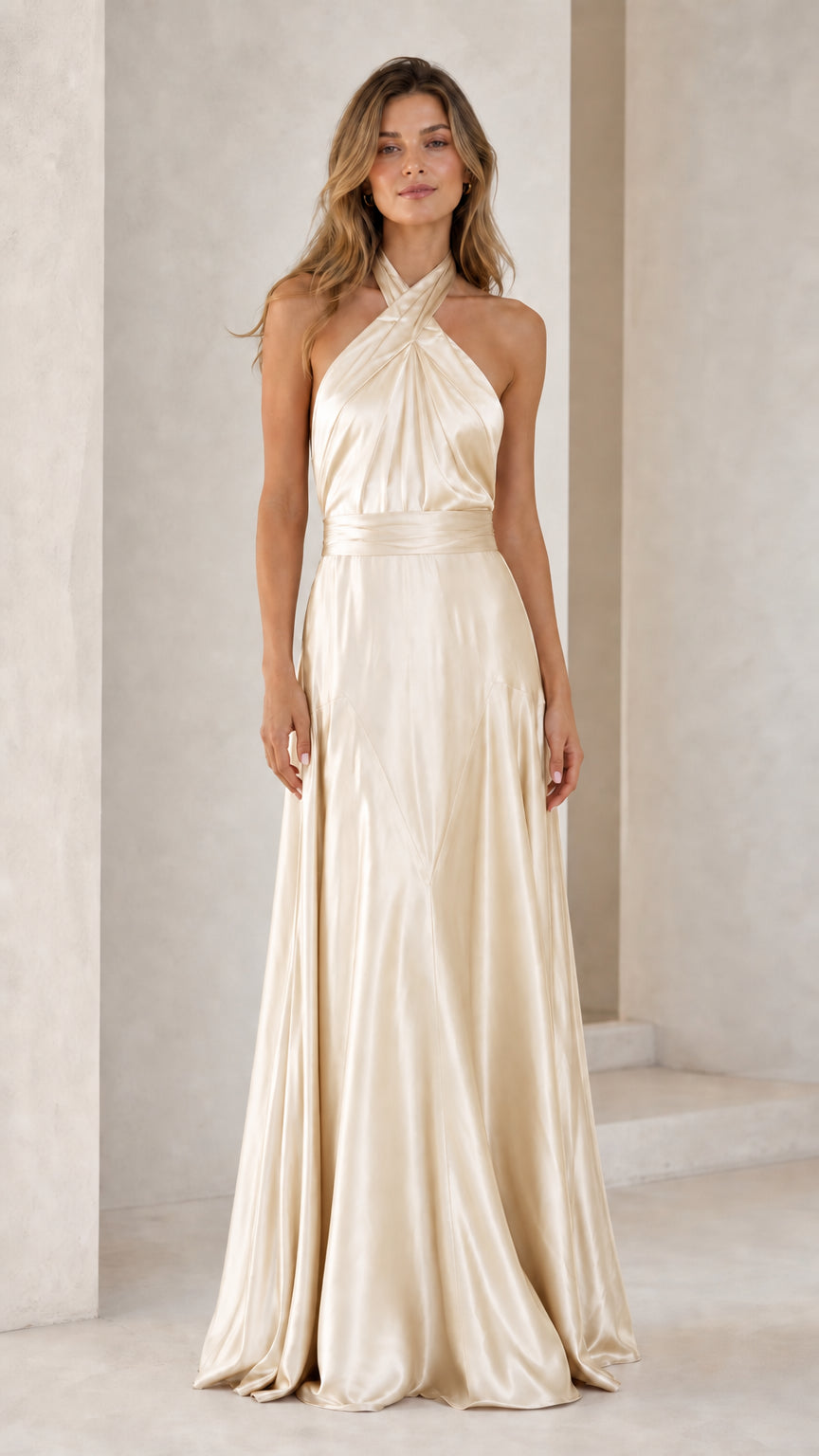 Full-length view of Champagne halter cross-front backless satin maxi dress