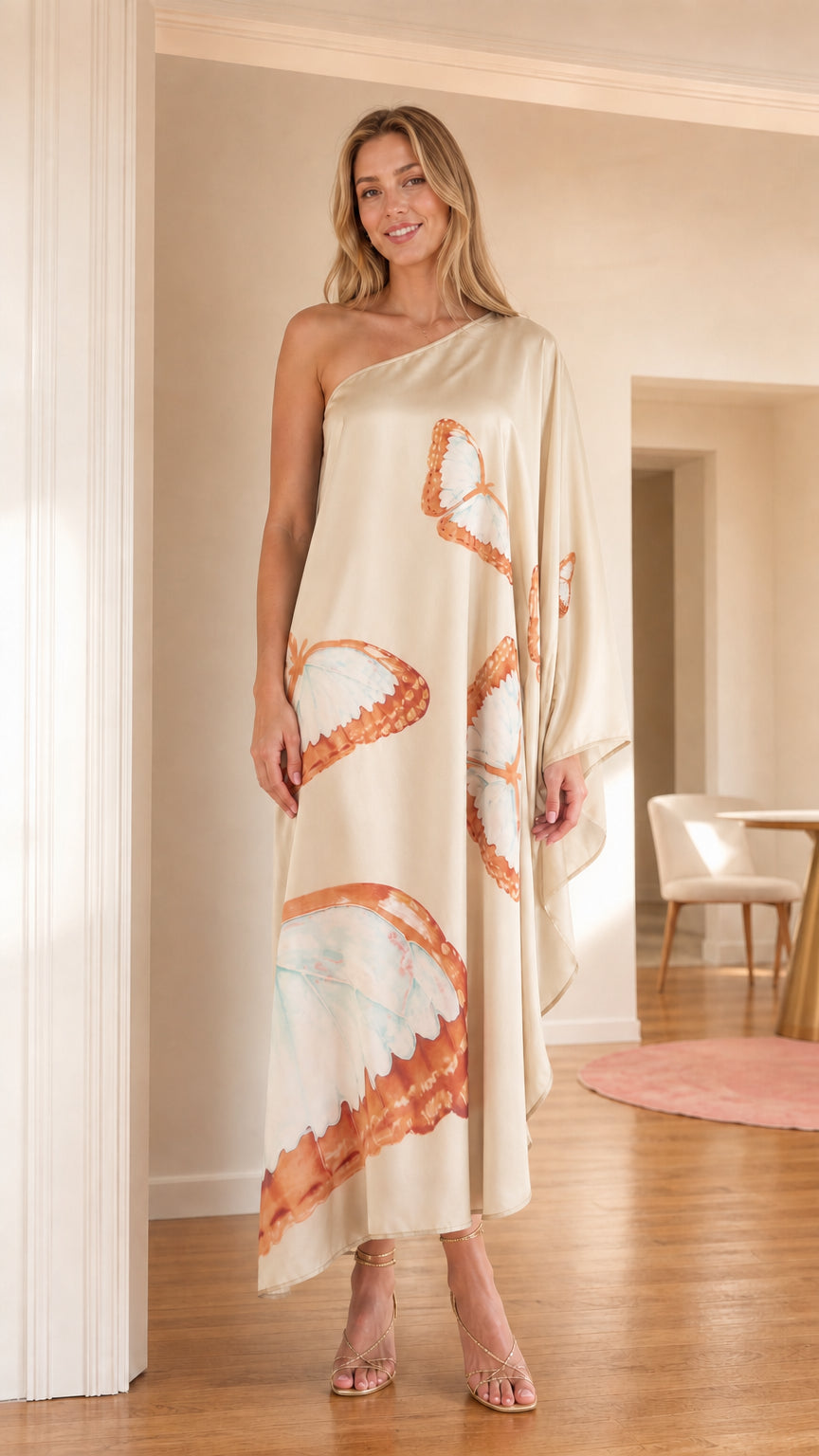 Front view of model wearing Champagne one-shoulder butterfly print satin kaftan maxi dress
