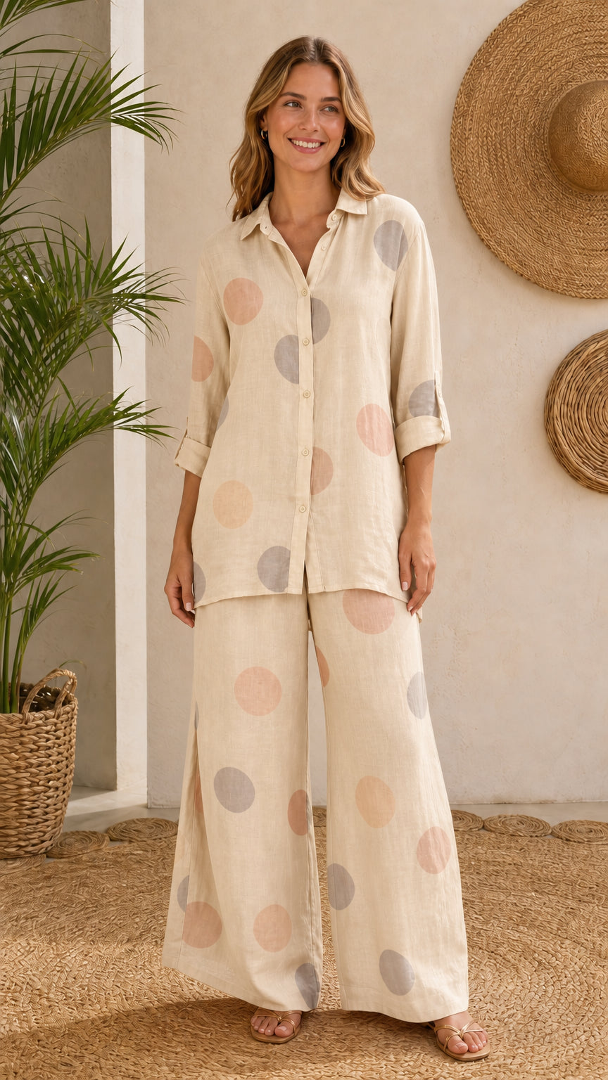 Front view of model wearing beige polka dot matching two-piece set