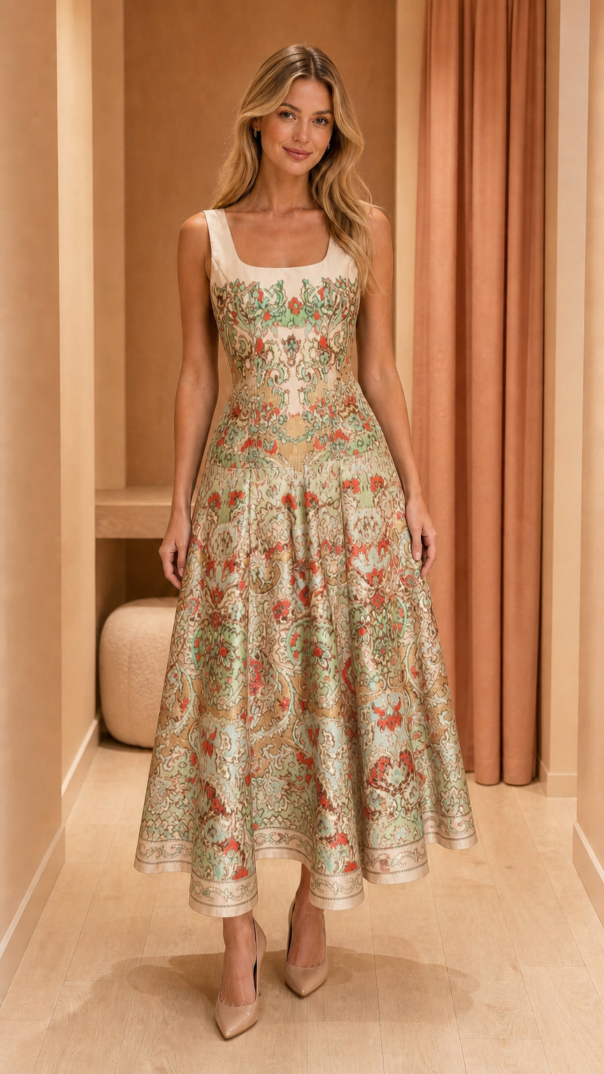 Front view of champagne gold floral jacquard A-line midi party dress