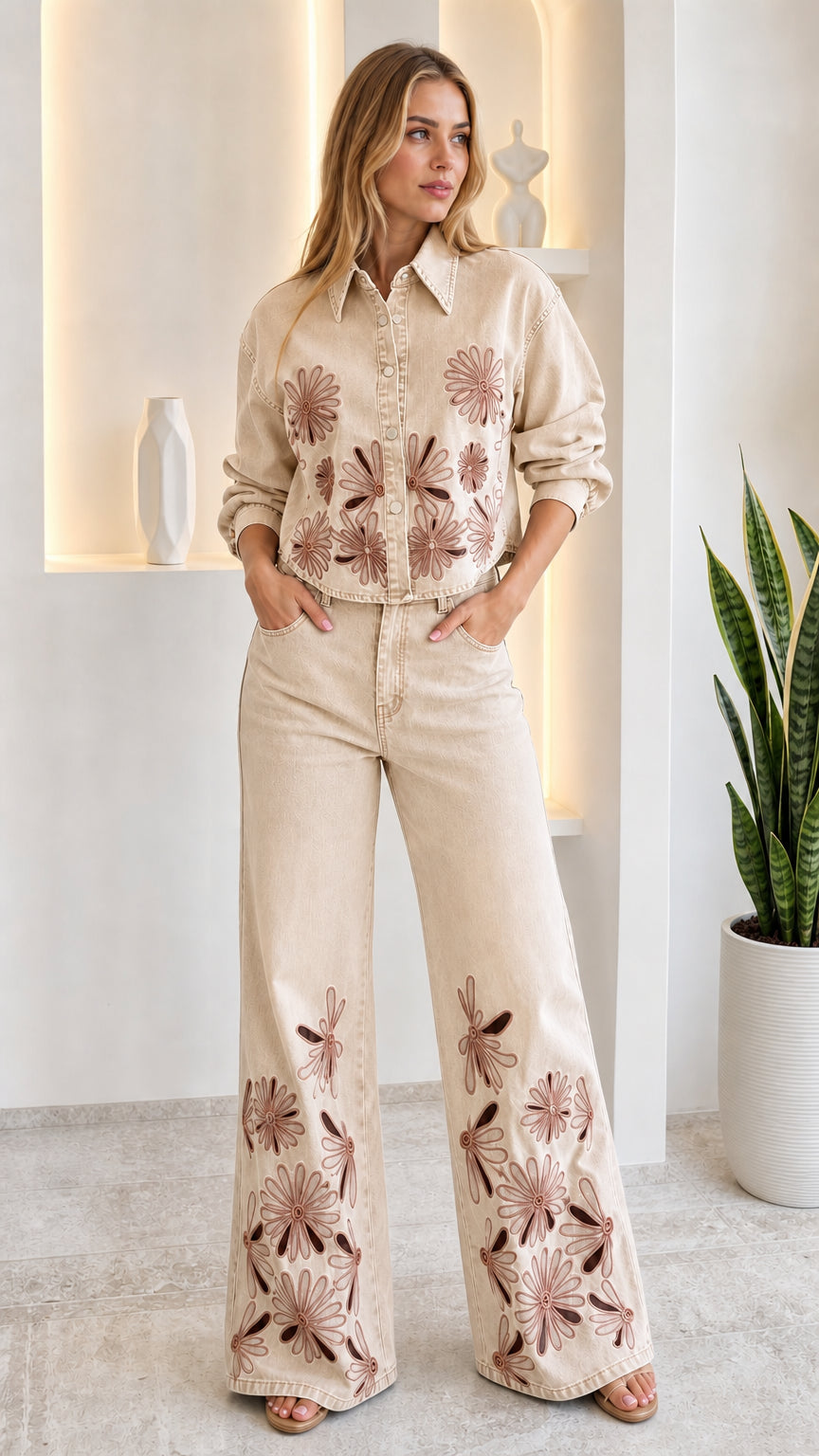 Model wearing beige cream floral embroidered cutout denim two-piece set