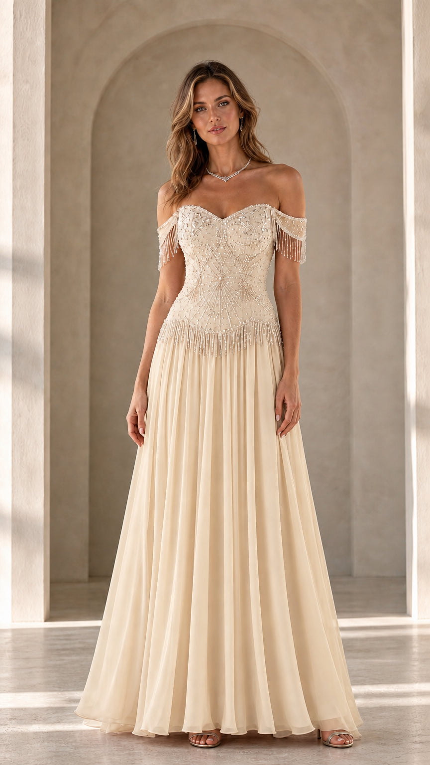 Model wearing champagne variant of the off-the-shoulder beaded evening gown