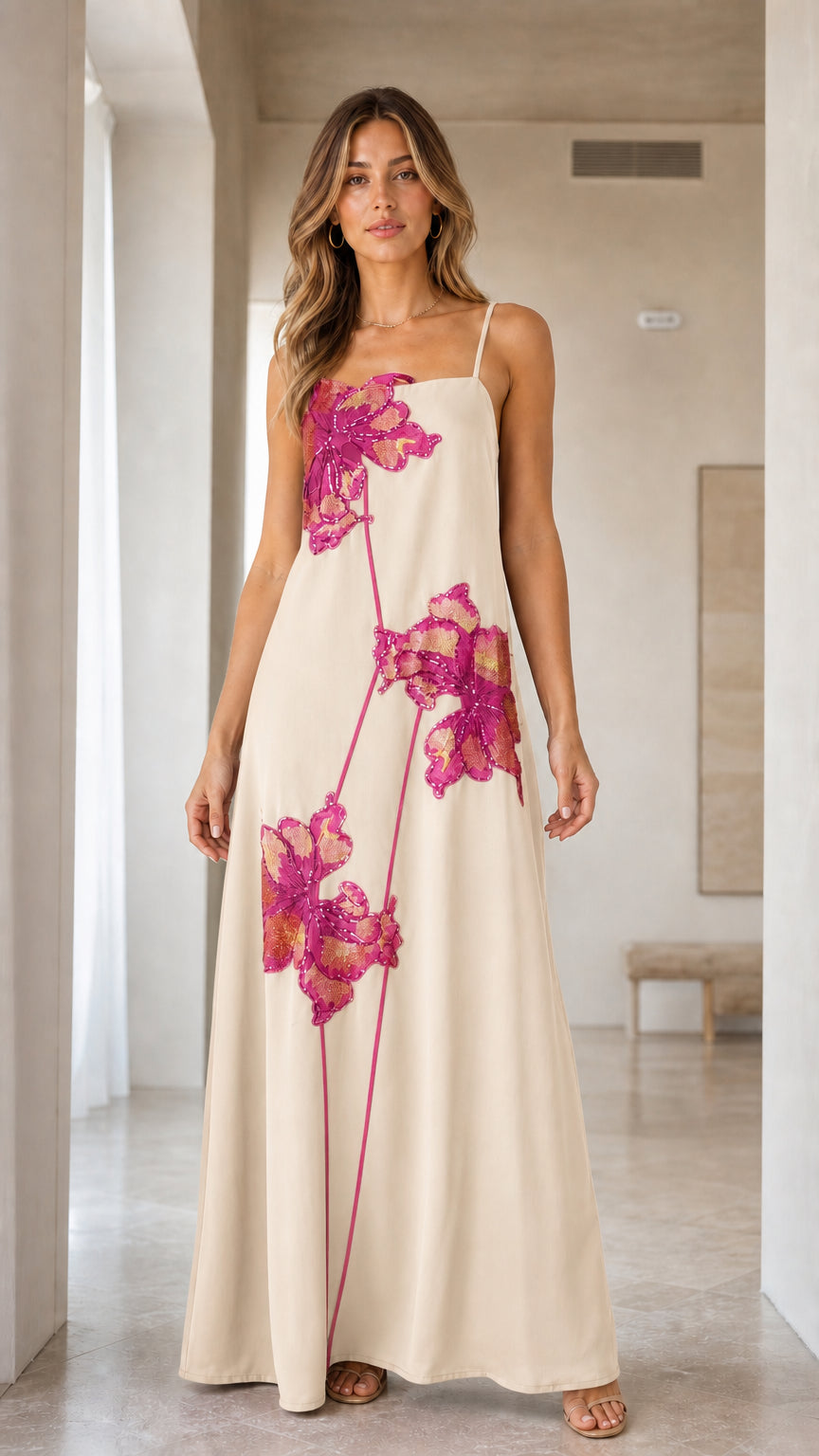 Cream floral sequin spaghetti strap formal dress