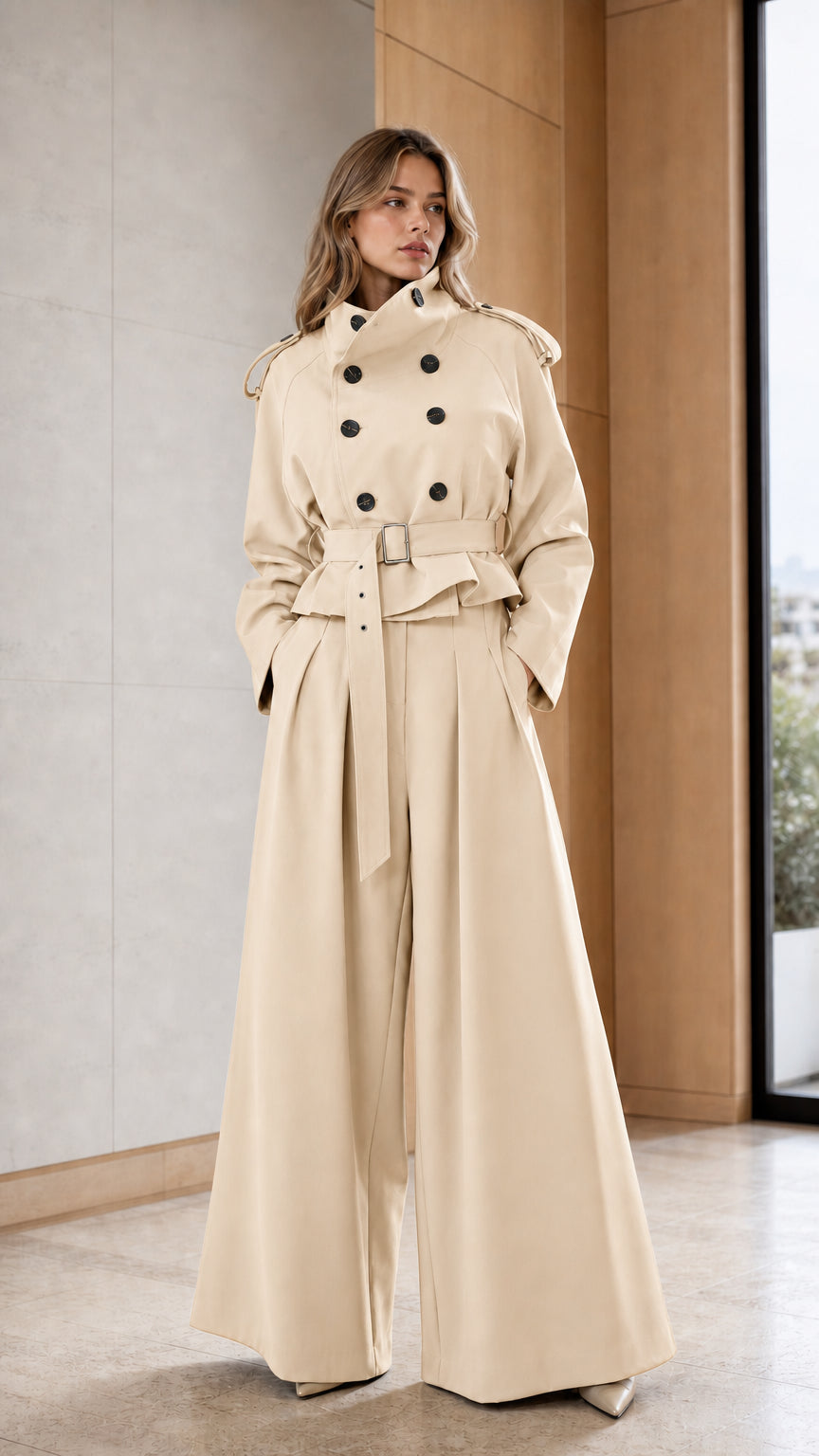 Woman wearing beige two-piece trench jacket and wide-leg pants set
