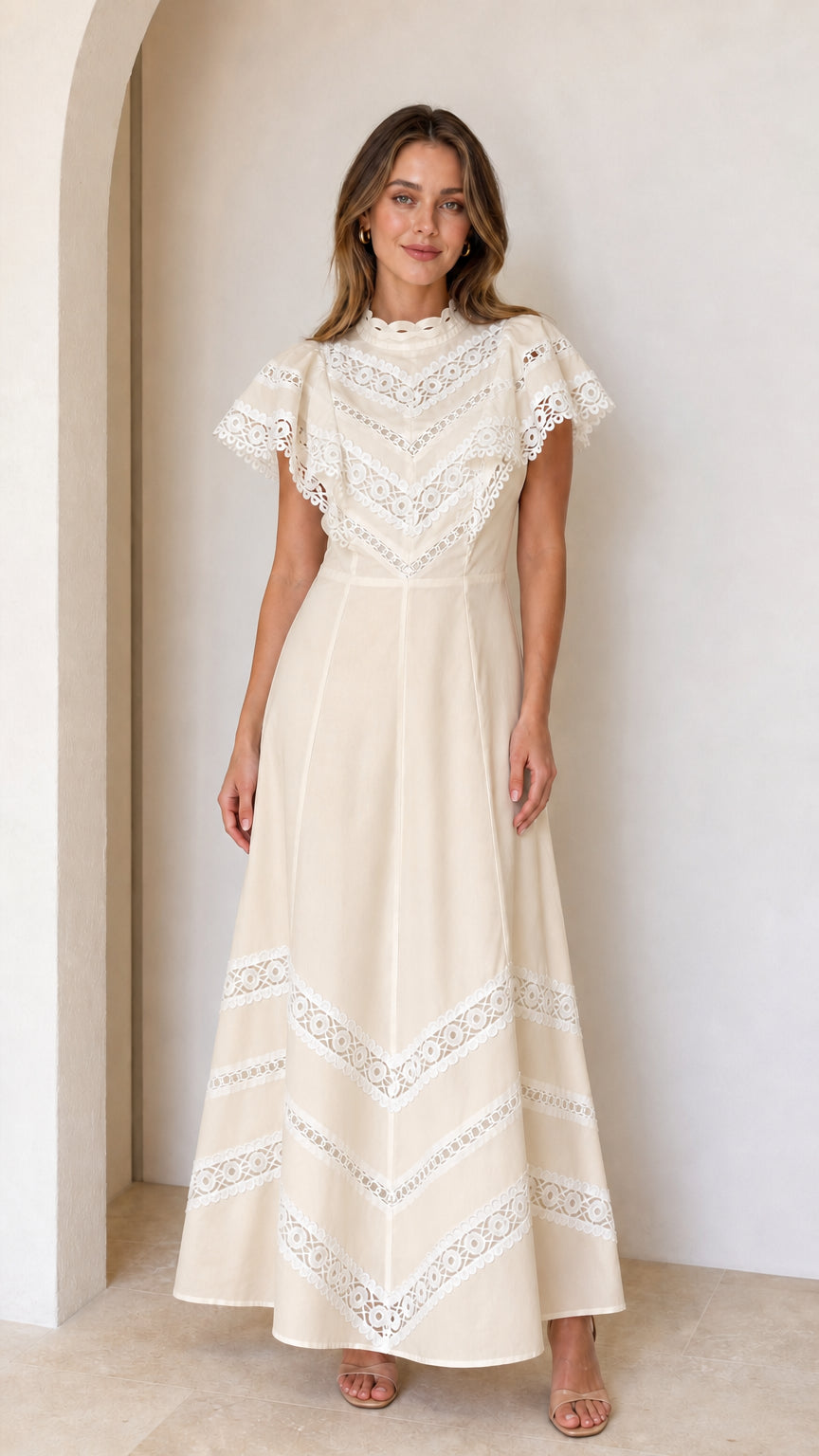 Cream ivory lace flutter sleeve A-line maxi dress full-length view