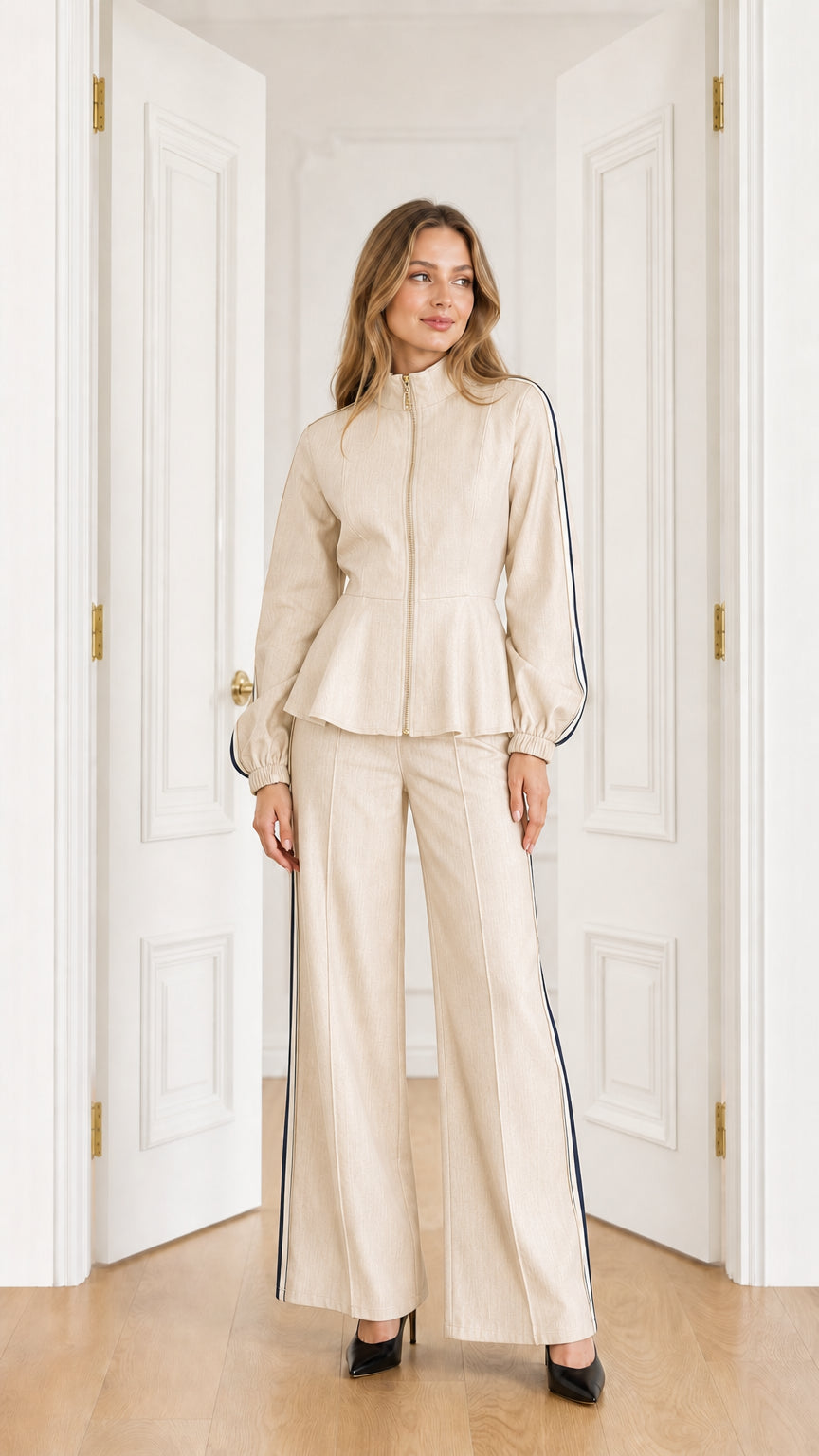Full-length view of model wearing Beige cream peplum jacket and wide-leg pants set with dark side stripes