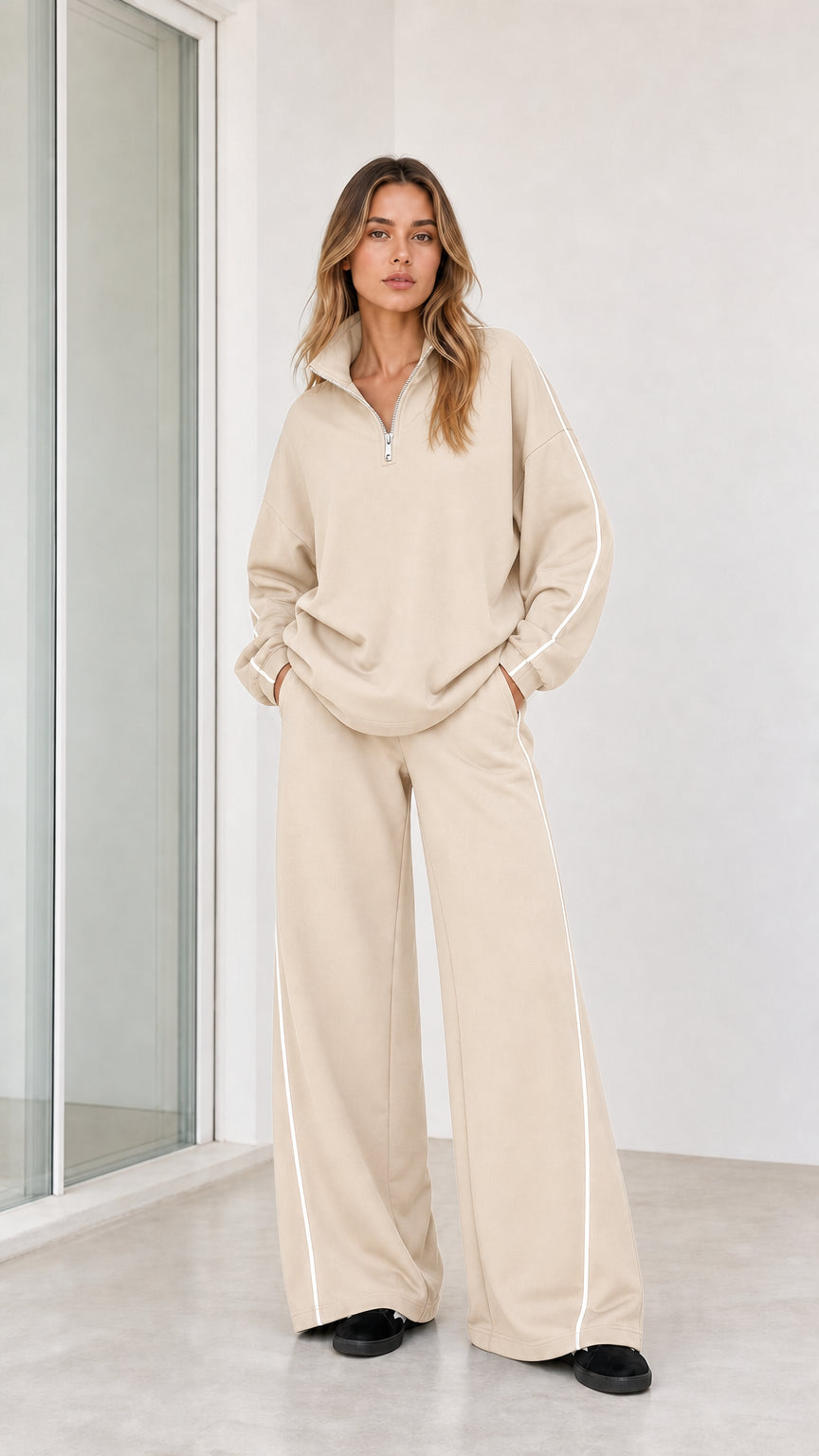 Model wearing beige oatmeal half zip top and wide leg sweatpants 2-piece set