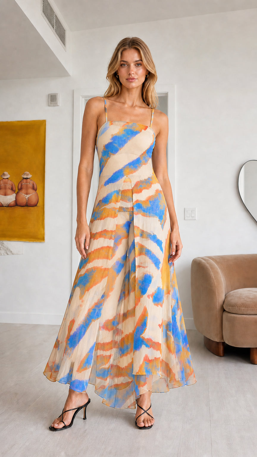 Front view of model wearing Cream Multi abstract print chiffon tunic and pant set
