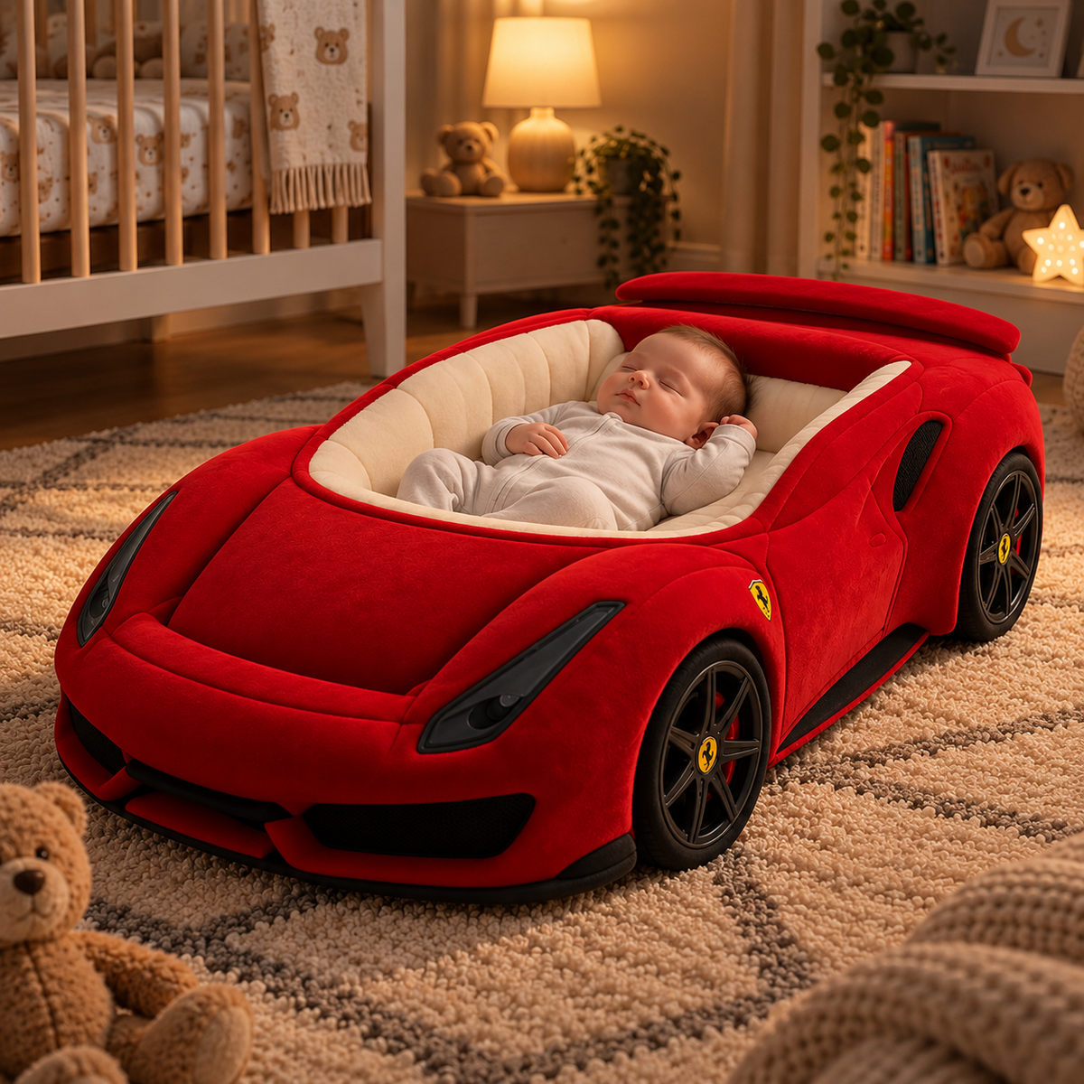 👶 Dream Ride Baby Lounger Bed 🏎️ Cozy Car-Shaped Plush Nursery Nest