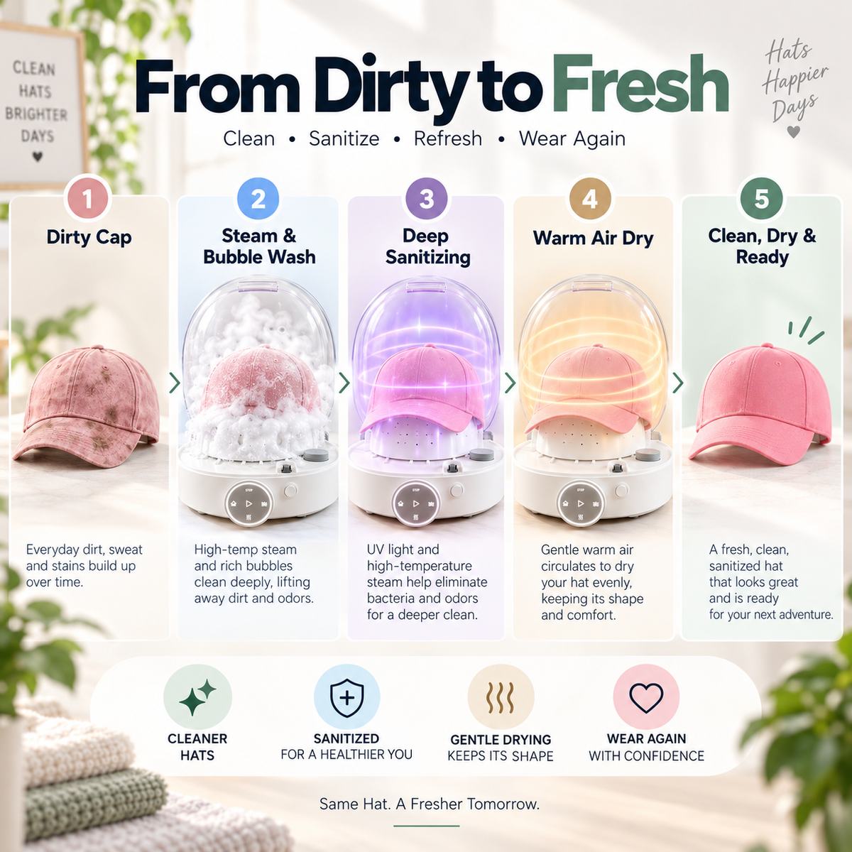 🧢 Automatic Hat Washer & Dryer ✨ Steam Cleaning, High-Temp Sanitizing & Warm Air Dry
