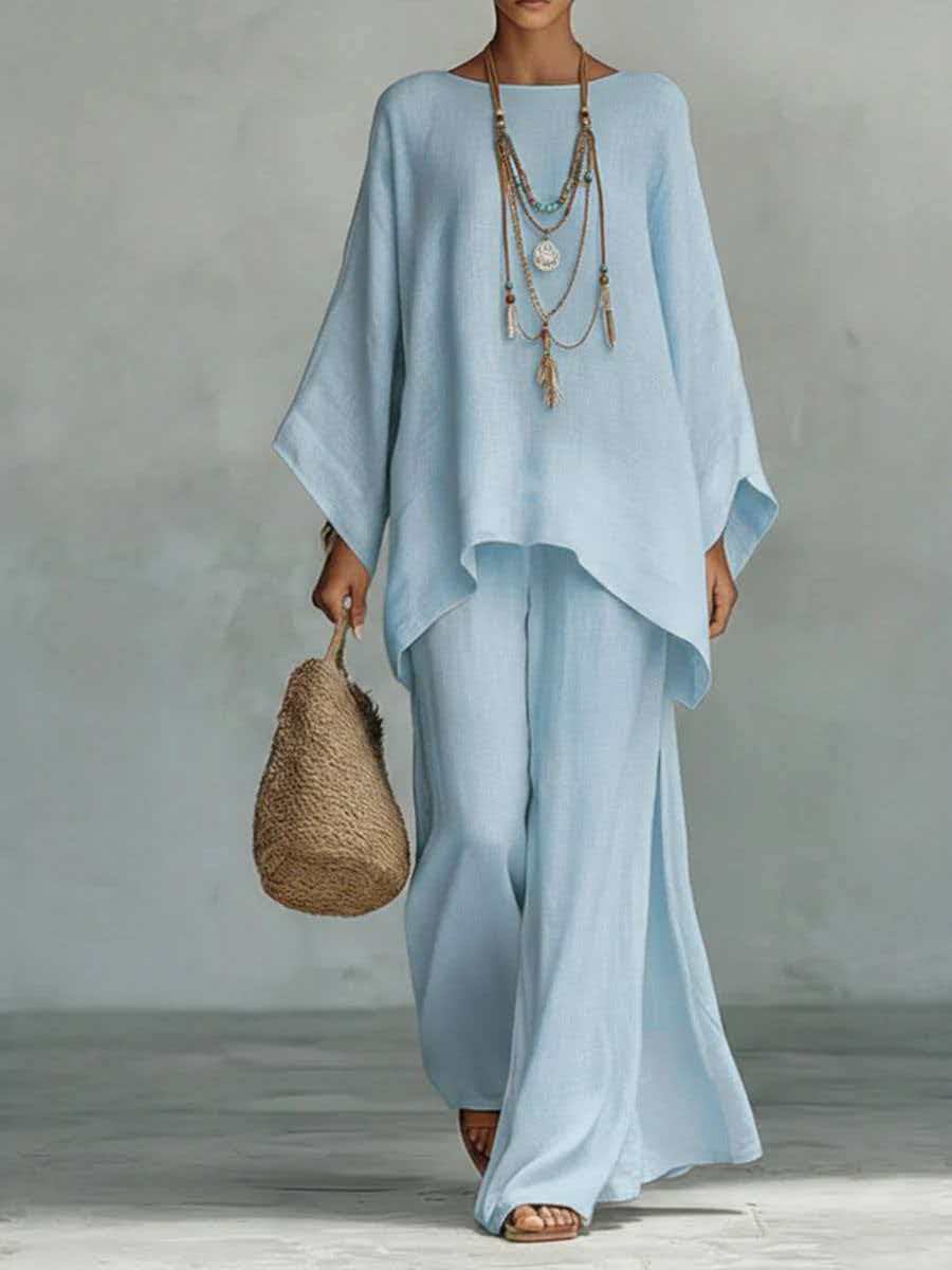 Relaxed Wide Leg Outfit Elegant Linen Blend Two Piece Set