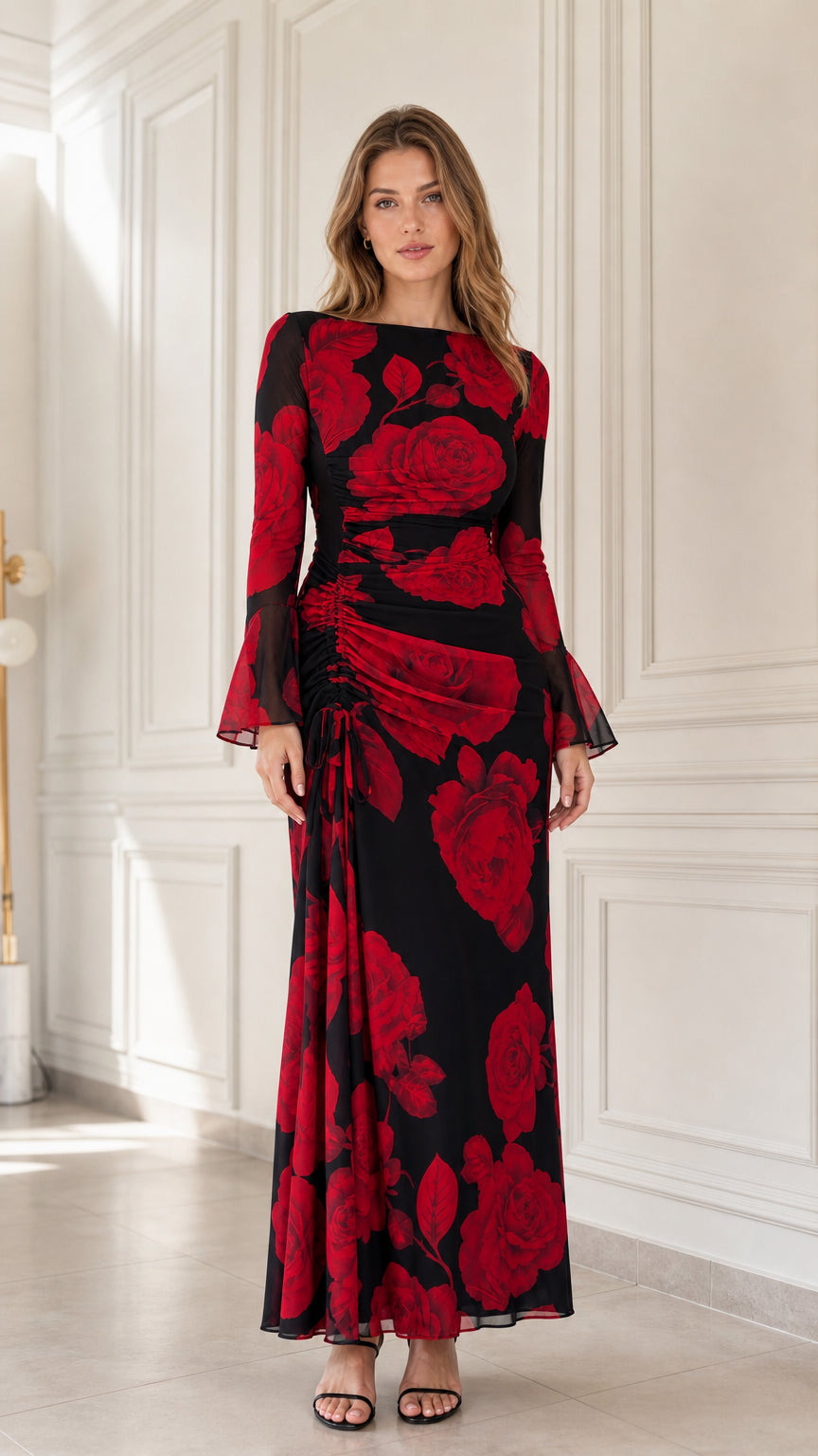 Front view of black floral print ruched maxi dress