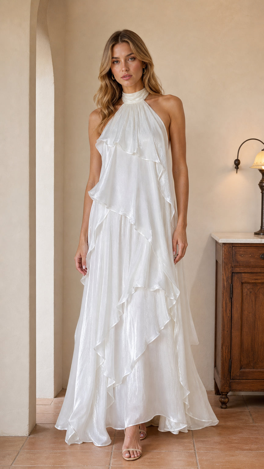 White halter tiered ruffle maxi dress front view