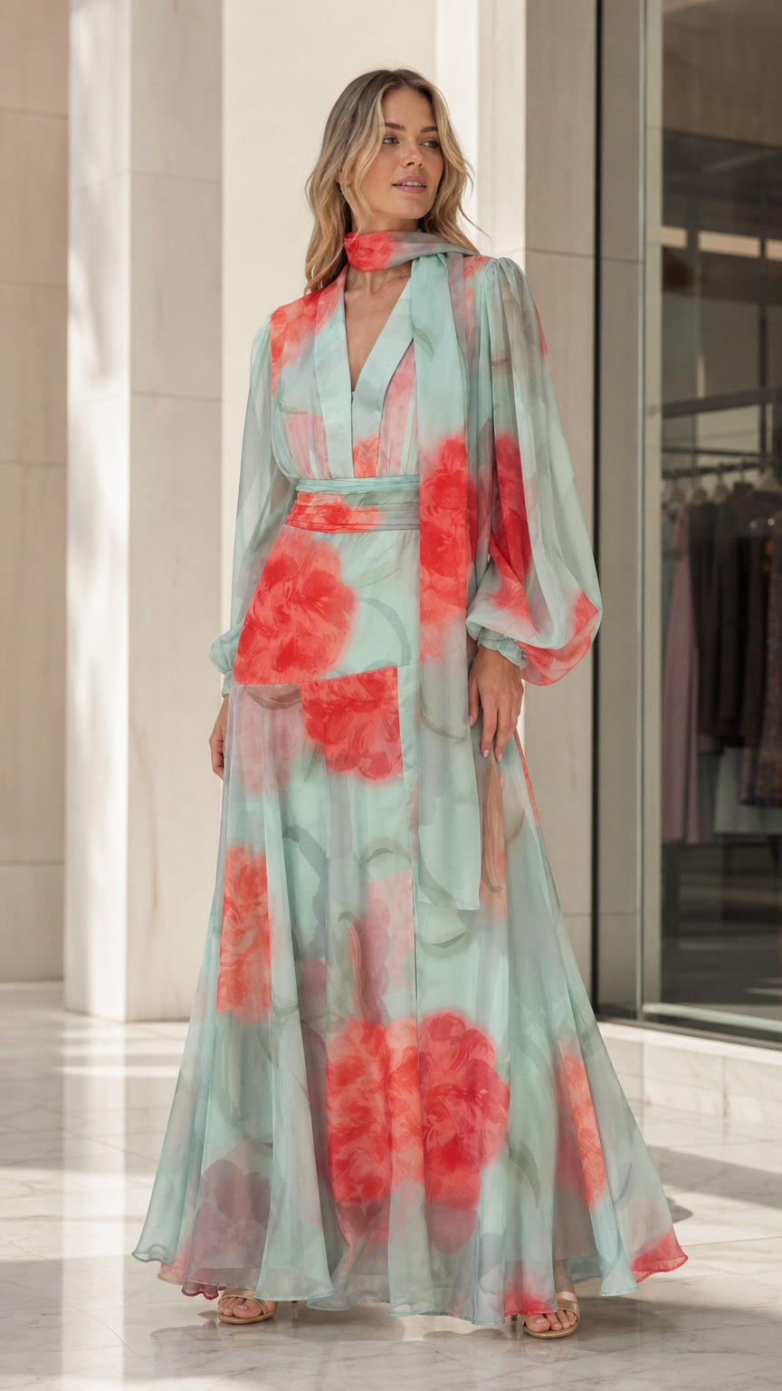 Front view of mint green watercolor floral chiffon maxi dress with bishop sleeves and neck scarf