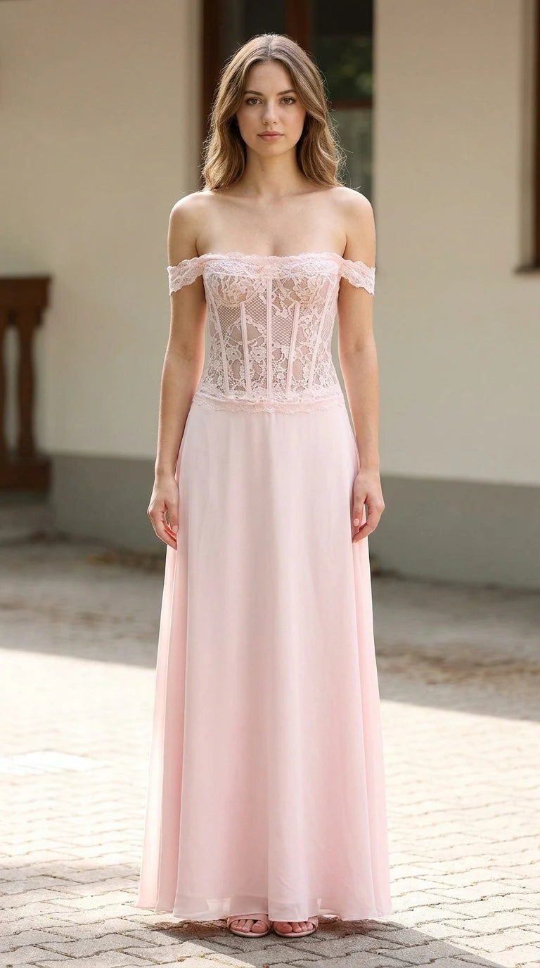 Front full-length view of woman wearing blush pink off-the-shoulder lace corset maxi dress