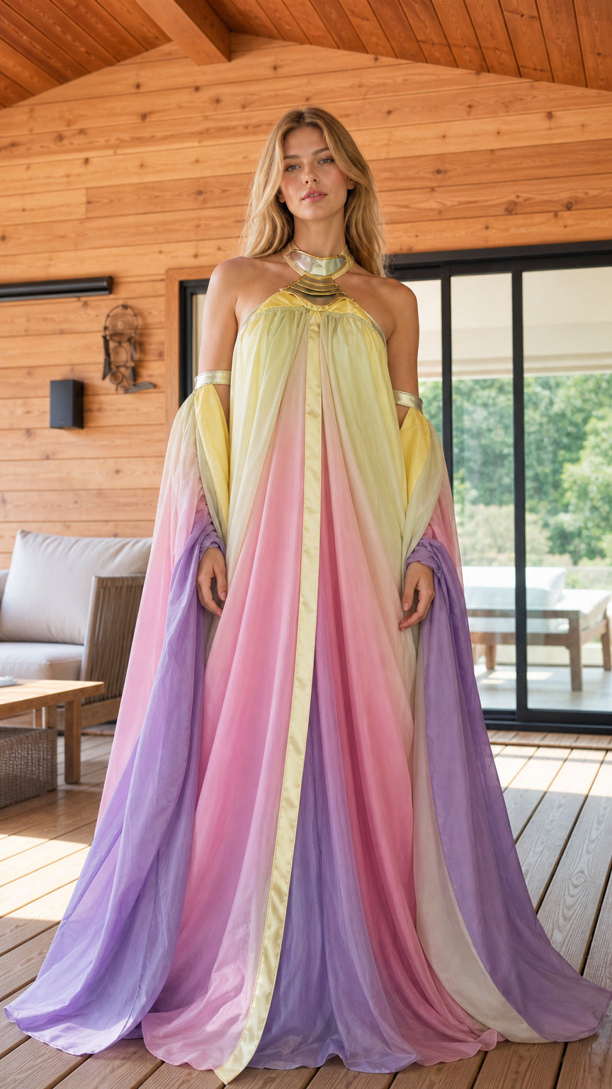 Front view of model wearing pastel ombre halter maxi gown with metallic collar and dramatic flowing sleeves