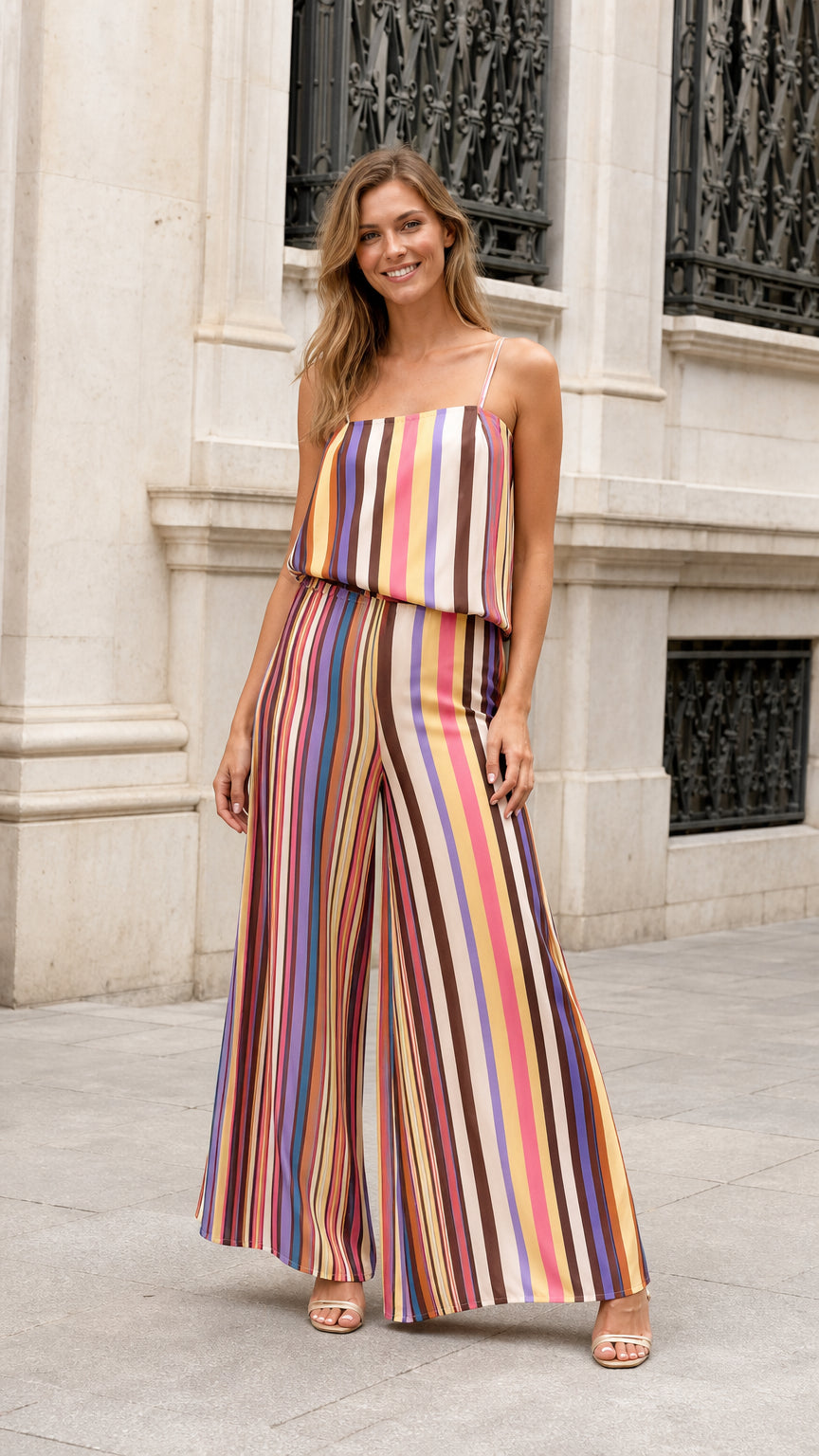 Full front view of model wearing Multicolor Stripe wide leg spaghetti strap jumpsuit