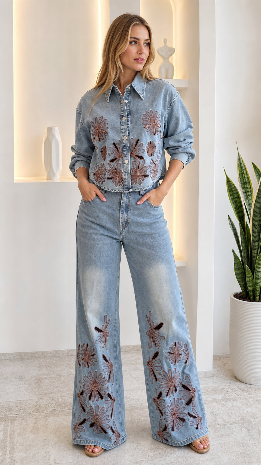 Model wearing light blue embroidered cutout denim shirt and wide-leg pants two-piece set front view