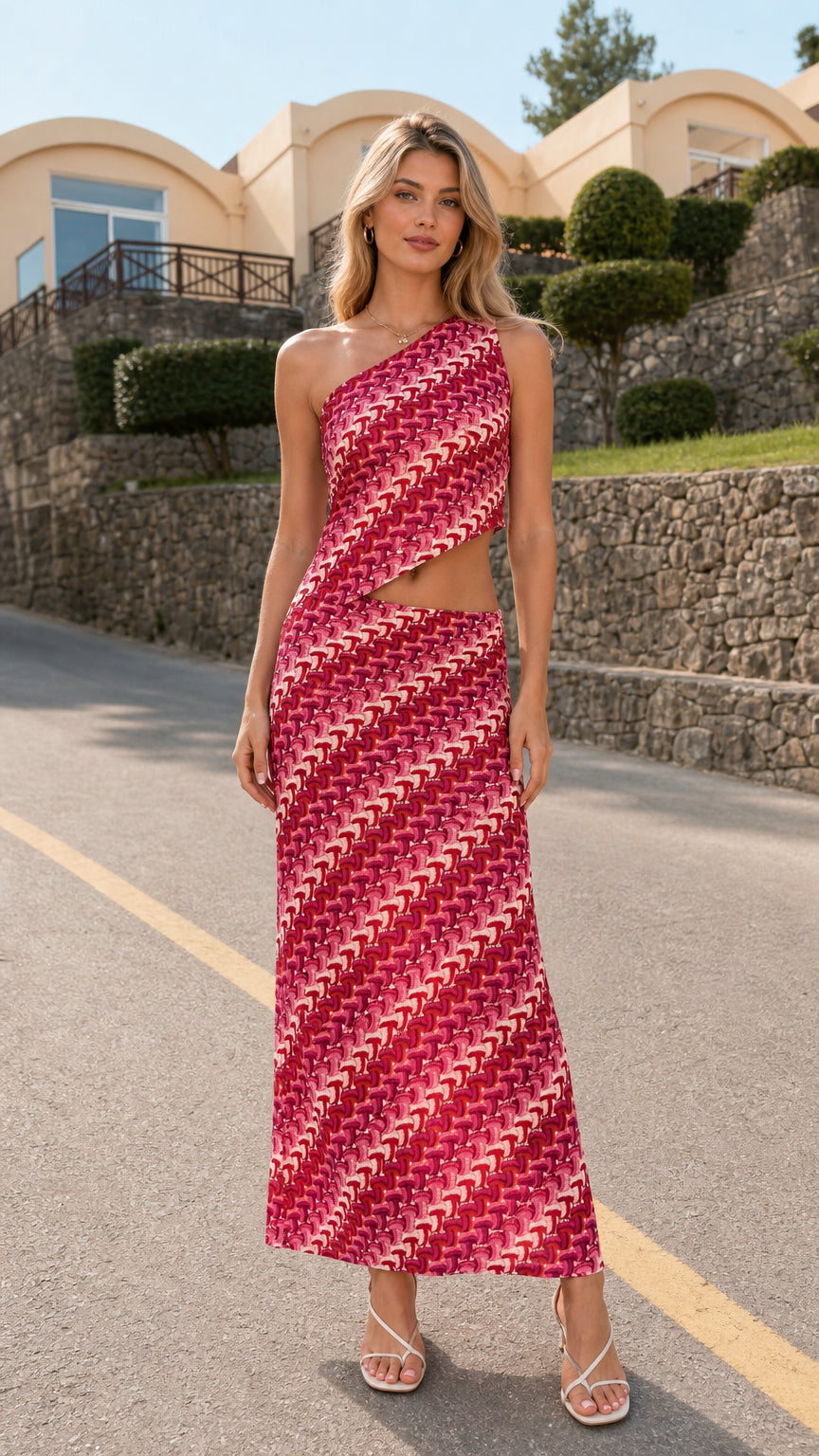 Front view of model wearing pink one-shoulder cutout printed dress