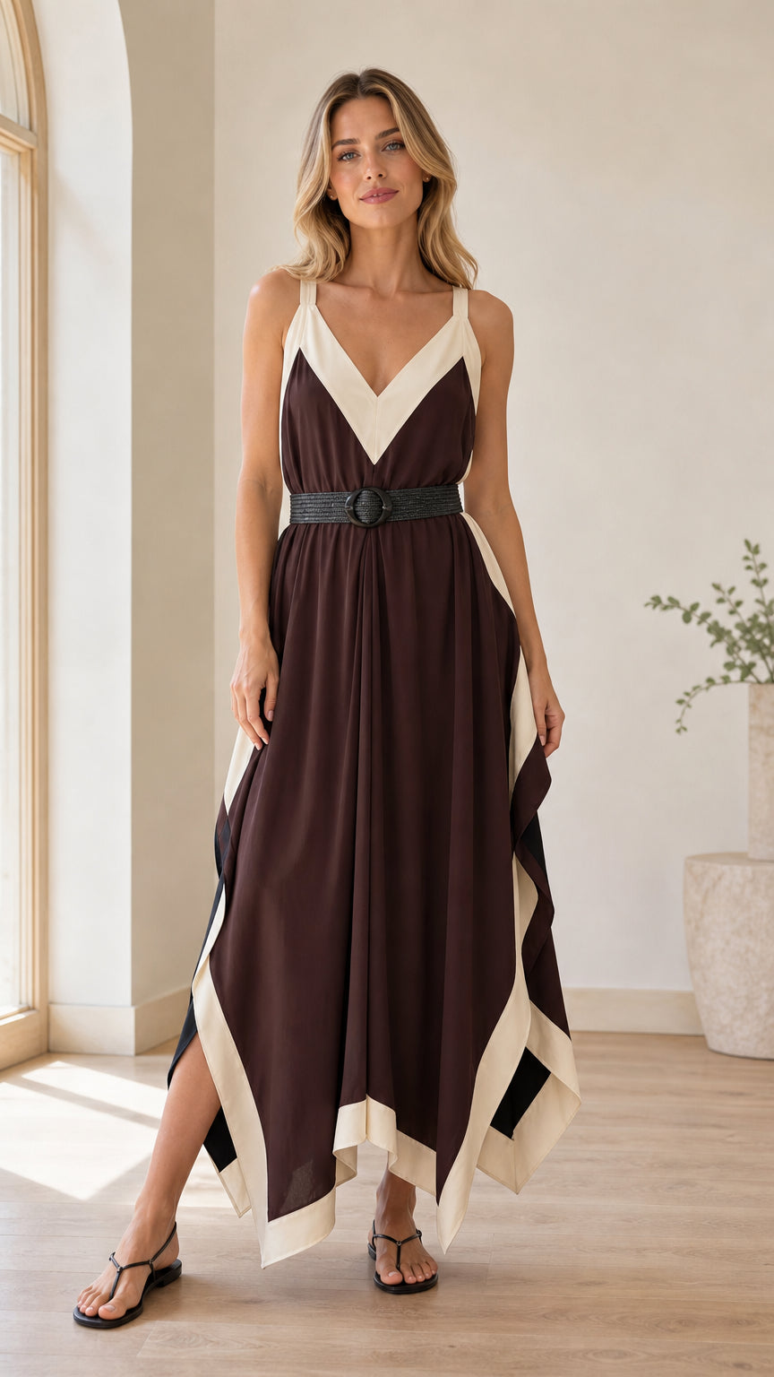 Model wearing Chocolate Brown V-neck handkerchief maxi dress with cream contrast trim and belt - front view