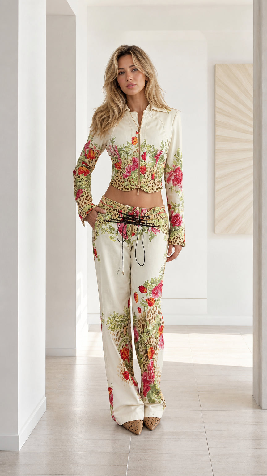 Front full view of woman wearing Cream floral leopard print cropped jacket and wide leg pants set
