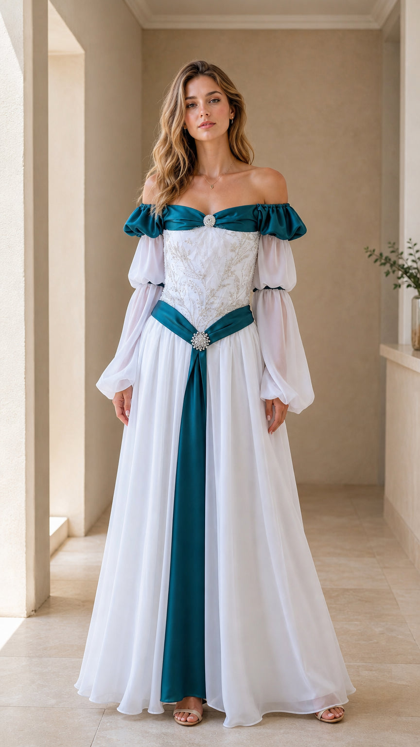 Front view of model wearing white and teal off-the-shoulder Renaissance maxi dress with embroidered bodice