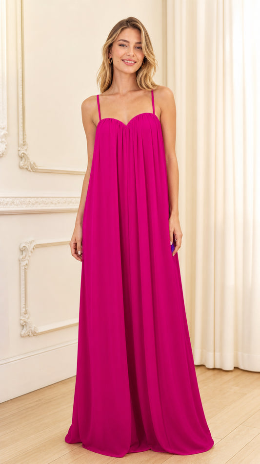 Front view of fuchsia spaghetti strap maxi dress