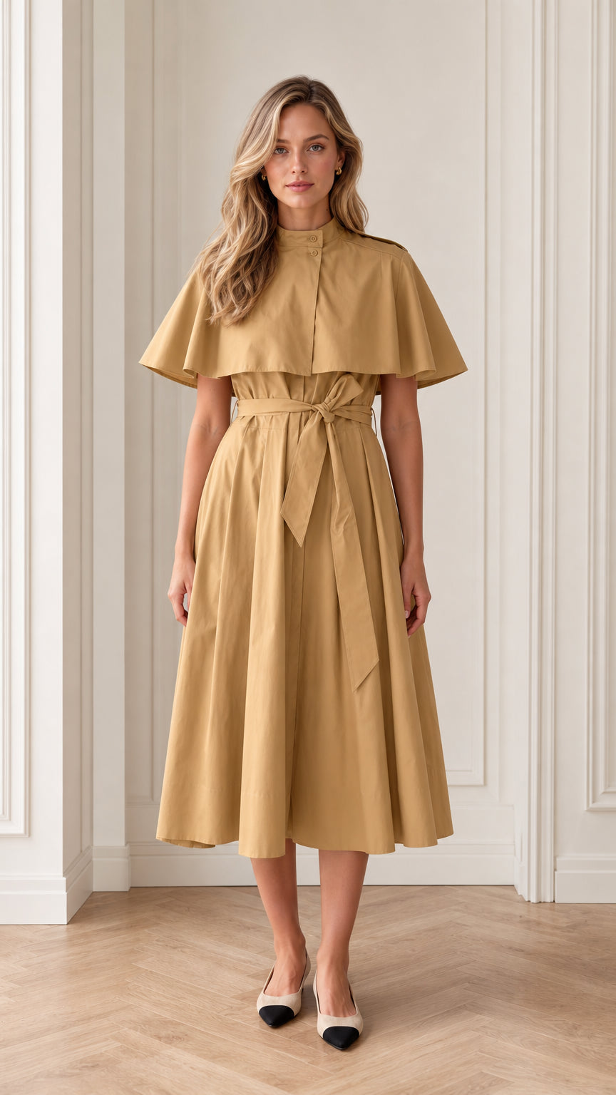 Front view of model wearing camel trench capelet belted midi dress