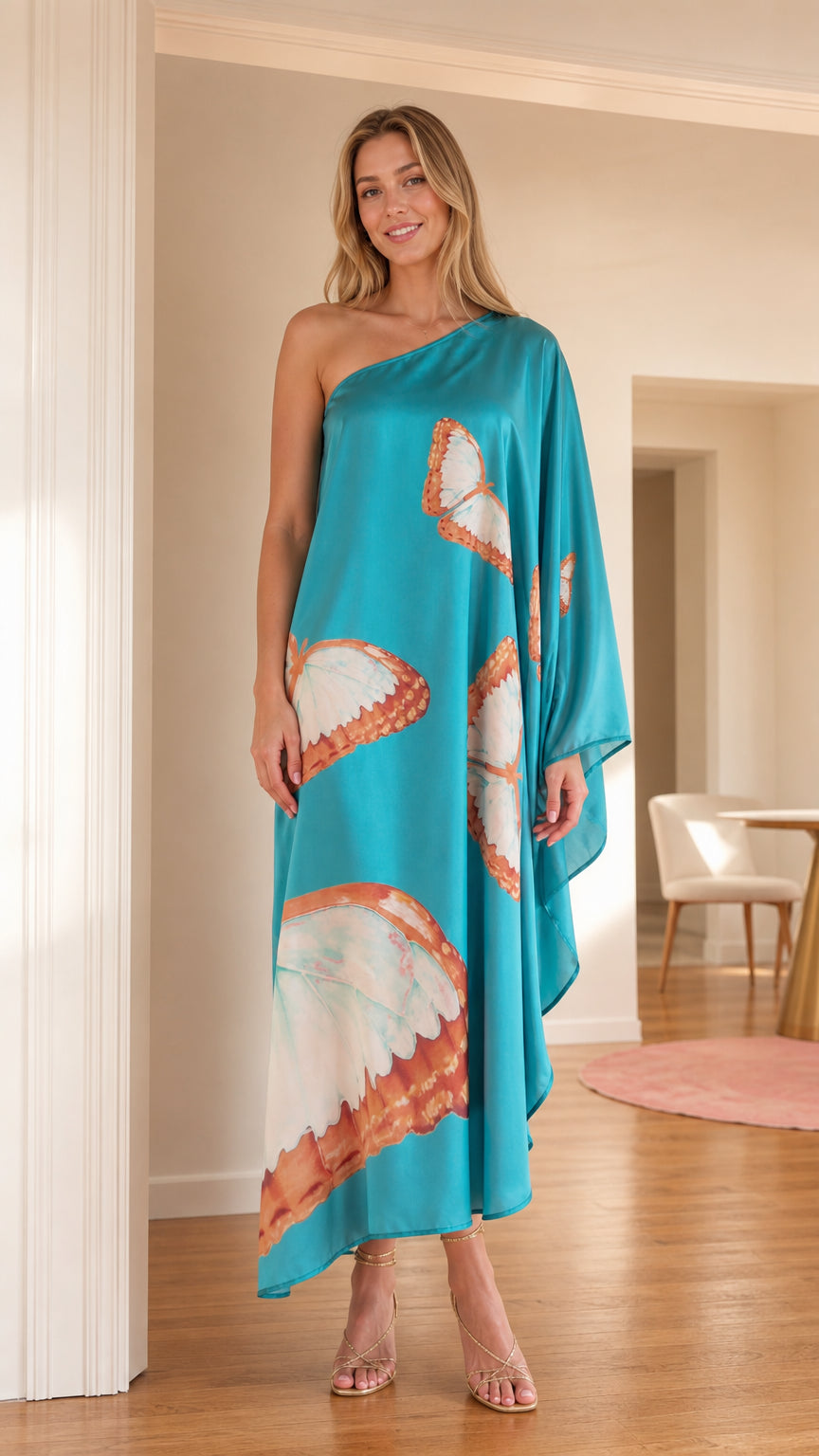 Front view of model wearing Turquoise one-shoulder butterfly print satin kaftan maxi dress