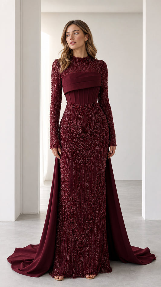 Front view of the burgundy beaded evening gown with train