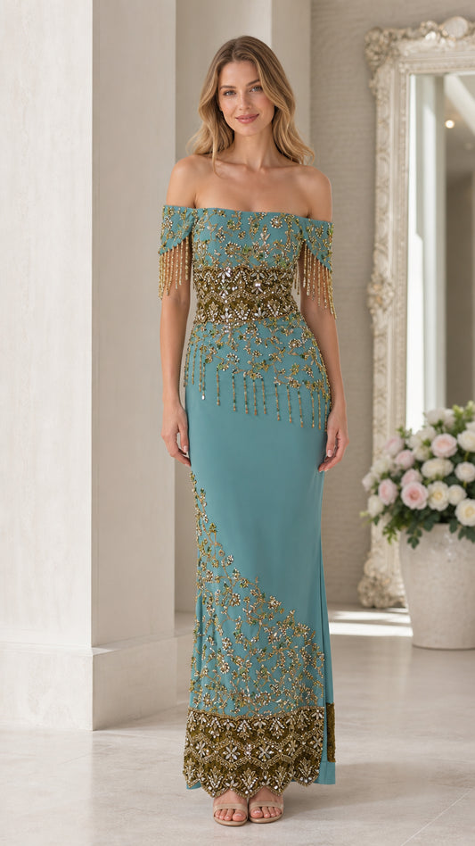 Front view of teal off-shoulder beaded formal evening dress