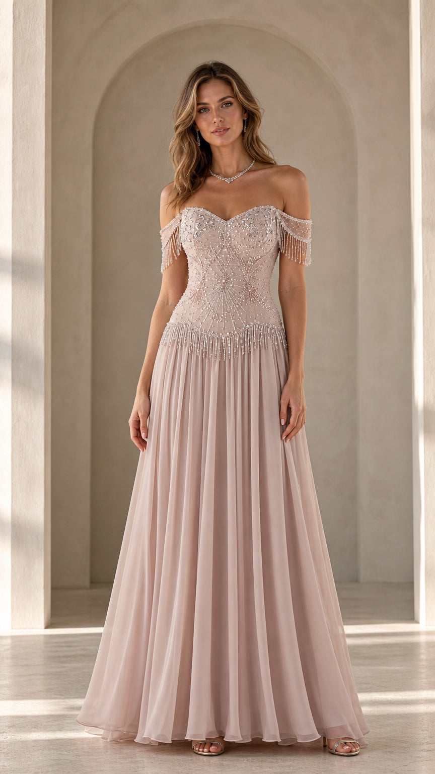 Front view of model wearing blush pink off-the-shoulder beaded chiffon evening gown