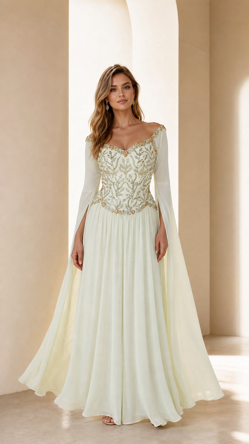 Front view of ivory embellished long sleeve evening gown