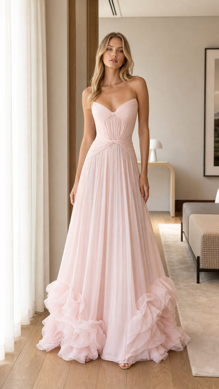 Front full-length view of model wearing Blush Pink strapless pleated tulle evening gown