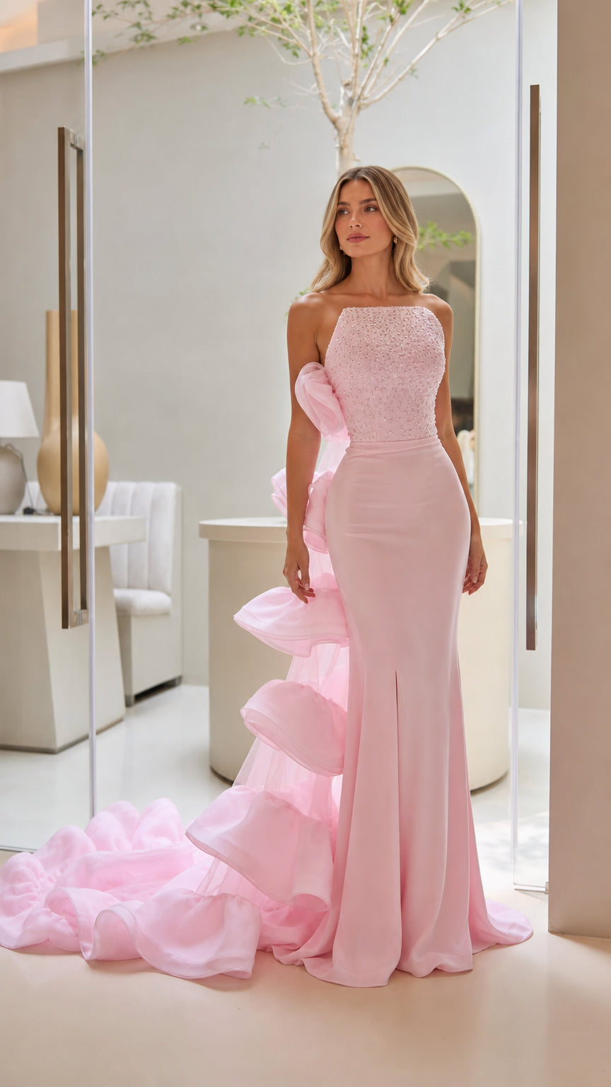 Front view of the pink sequin evening gown with dramatic back ruffles