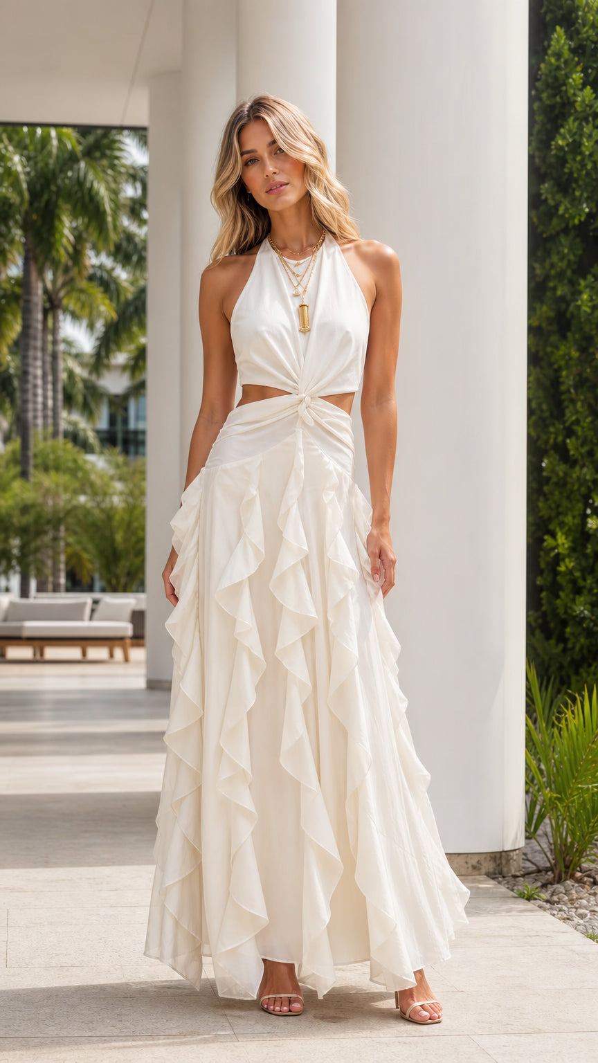 Ivory halter neck cutout tiered ruffle maxi dress front view