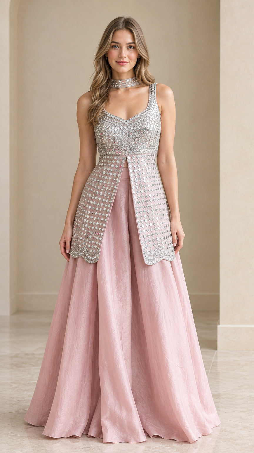 Front view of model wearing Blush Pink embellished longline top and maxi skirt set with choker
