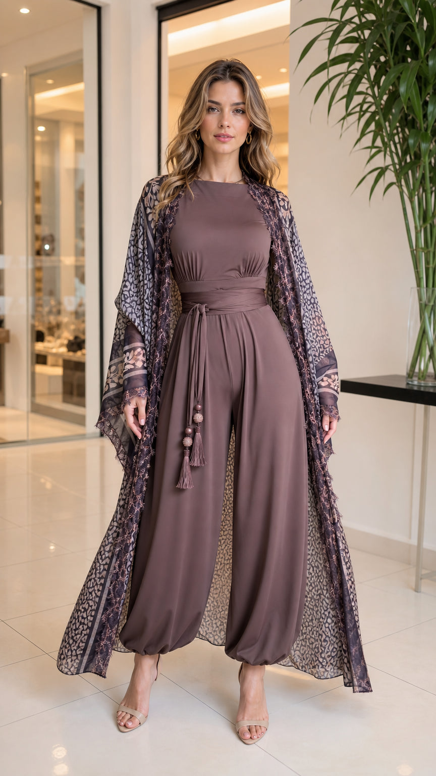 Full front view of model wearing mocha brown jumpsuit and printed sheer kimono duster set