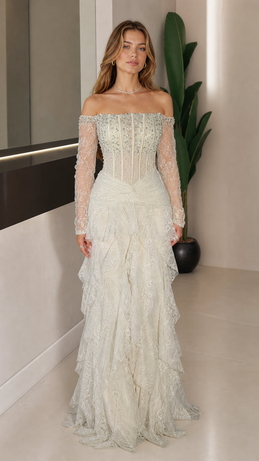Front view of white off-shoulder lace corset evening gown