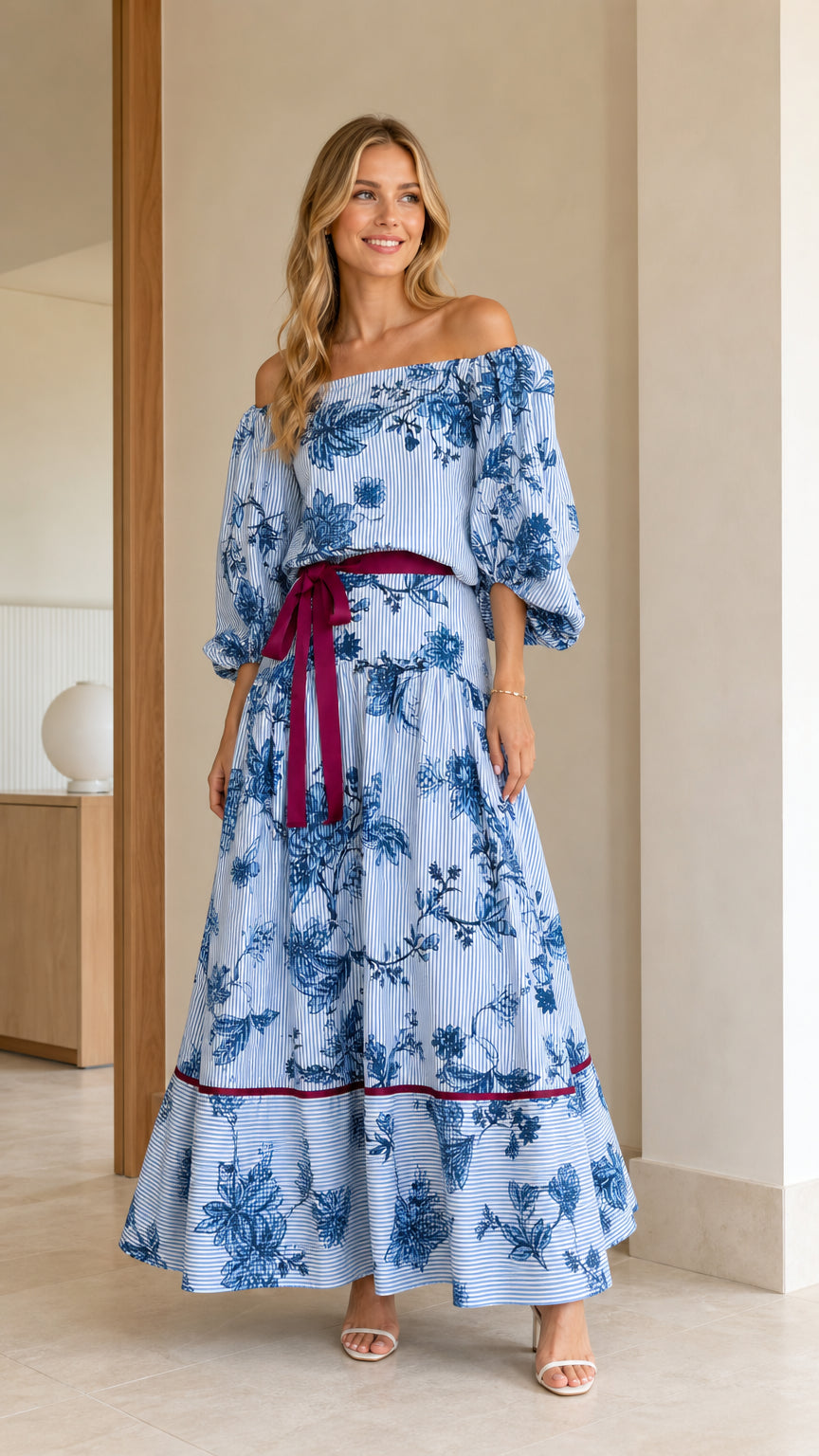Front view of model wearing Light Blue off-the-shoulder floral stripe tiered maxi dress with burgundy belt