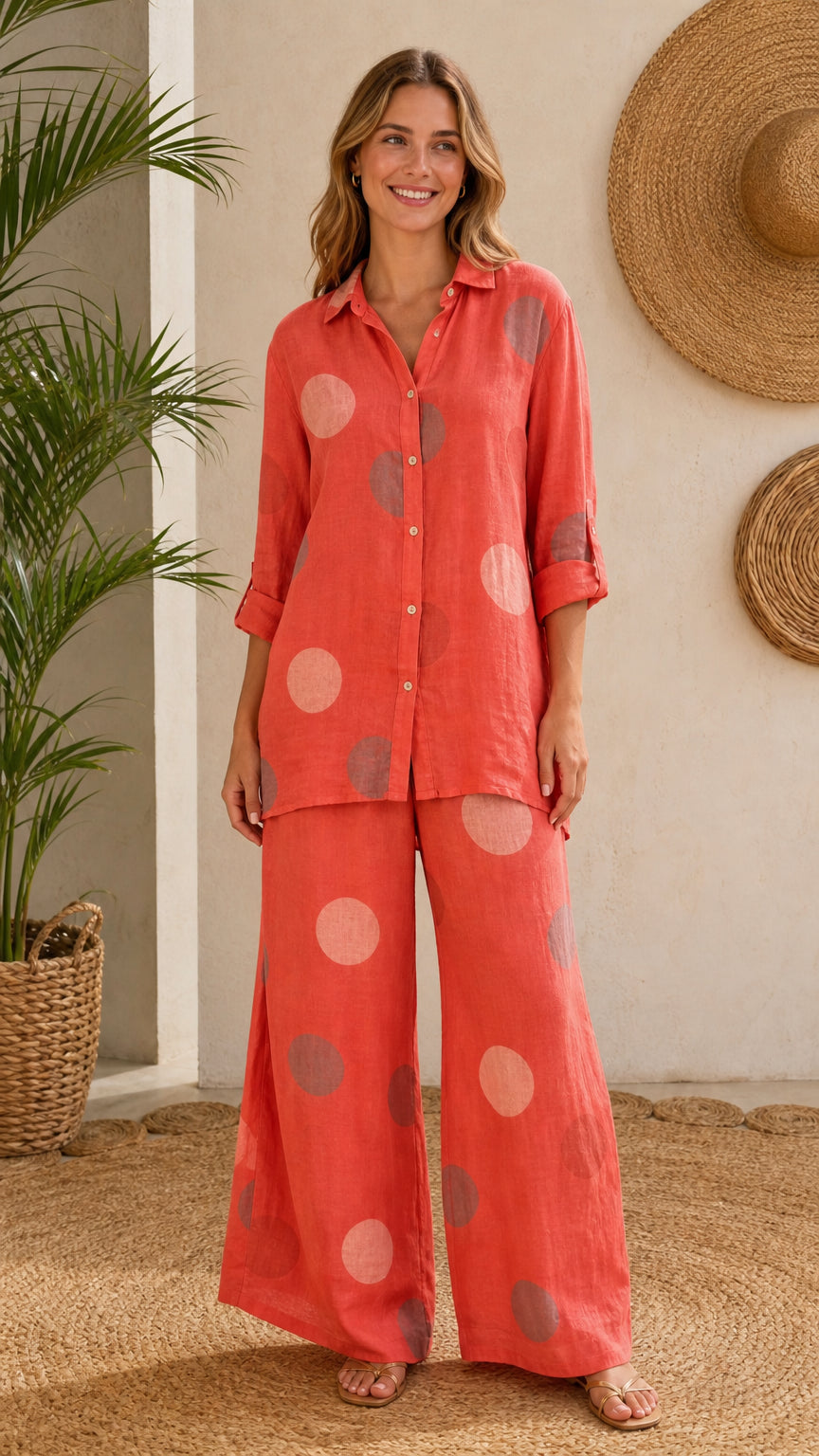 Front view of model wearing coral polka dot button-down shirt and wide-leg pants set