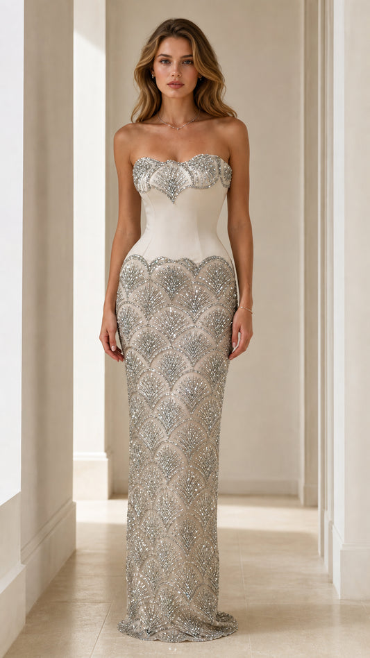 Front view of champagne sequin strapless evening gown