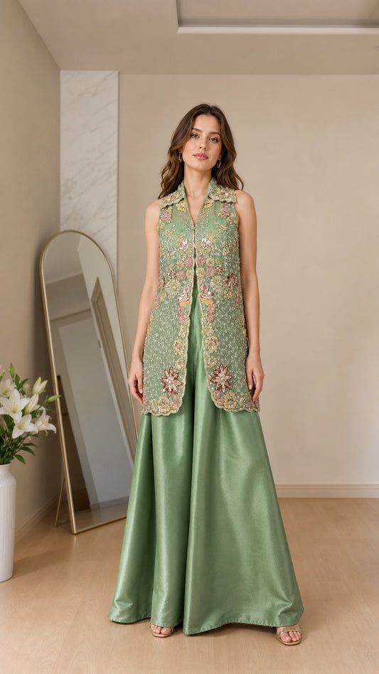 Front view of model wearing sage green embroidered vest and palazzo set