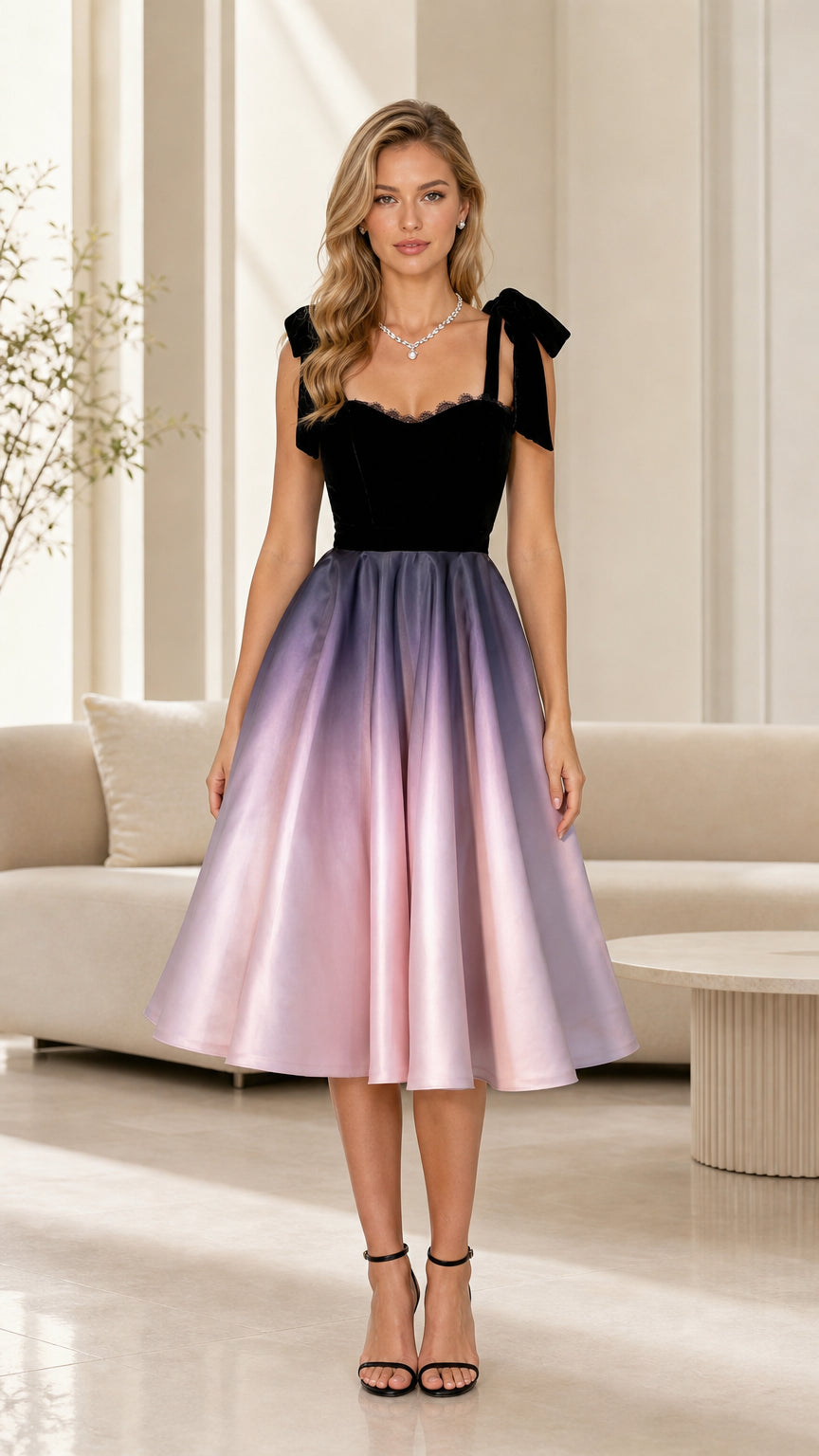 Front view of a black and lavender vintage midi dress with bow shoulder straps