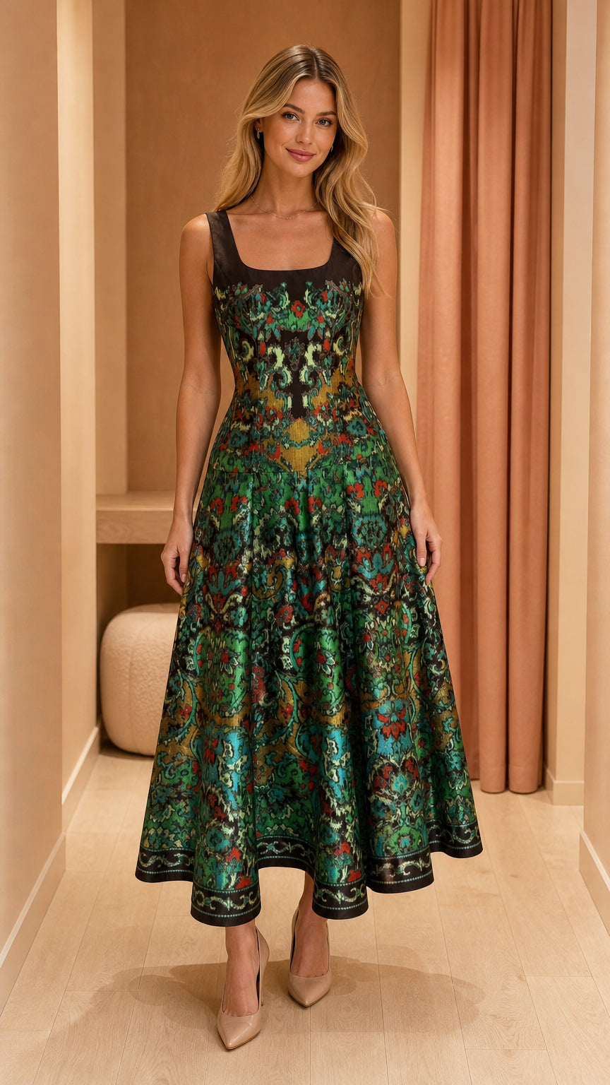 Front view of woman wearing emerald green jacquard square neck A-line midi dress with beige pumps