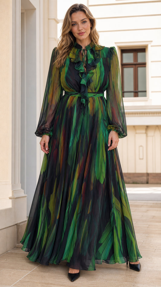 Front view of woman wearing green chiffon long sleeve ruffled maxi dress