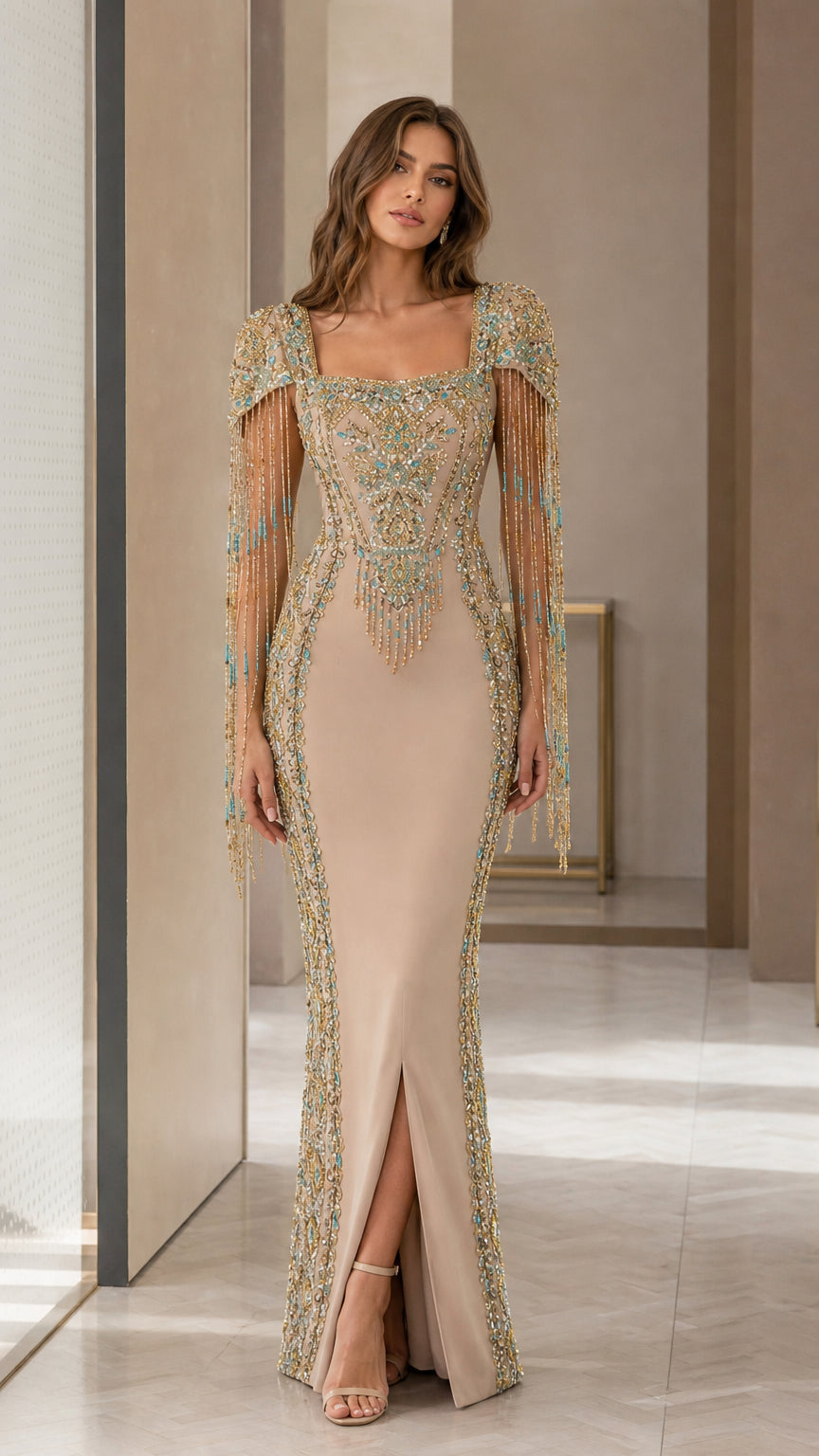 Champagne evening gown front view with beaded fringe and front slit