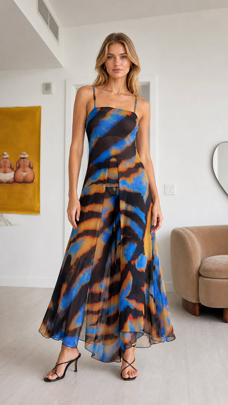 Front full view of model wearing Black Multi abstract print chiffon tunic and wide-leg pant two-piece set