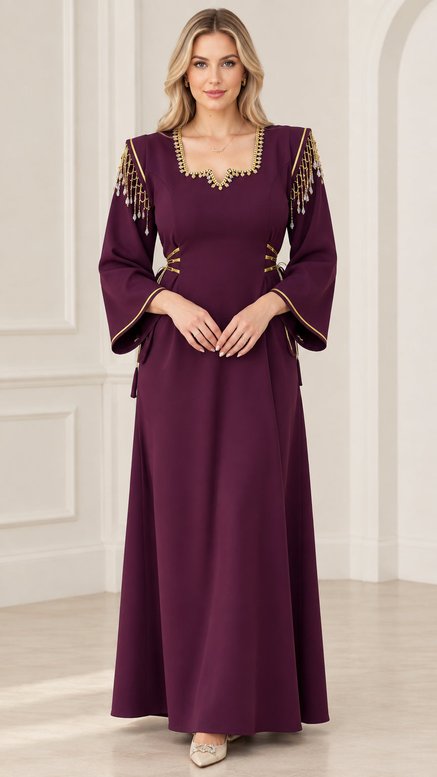 Full front view of deep purple maxi dress with beaded shoulder fringe and bell sleeves